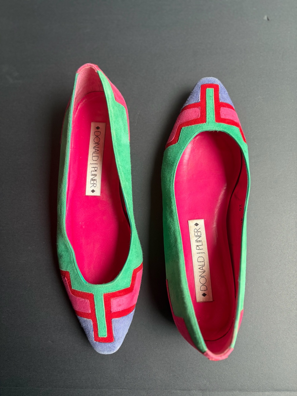 Vintage Donald J Pliner Colorblock Suede Flats 7.5 Green Pink Purple Spain